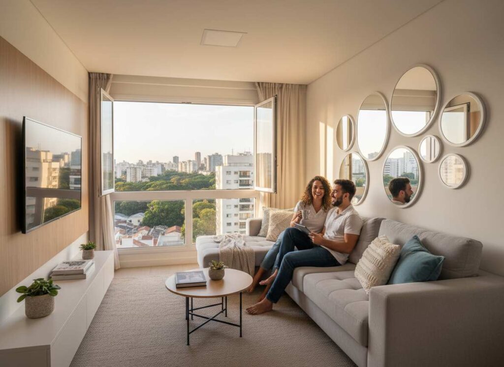 Casal vivendo bem em espaços compactos em apartamento moderno e vista para Pinheiros