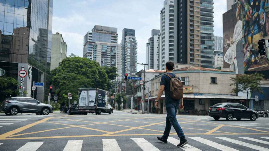 atravessando na faixa de pedestre na rua dos pinheiros