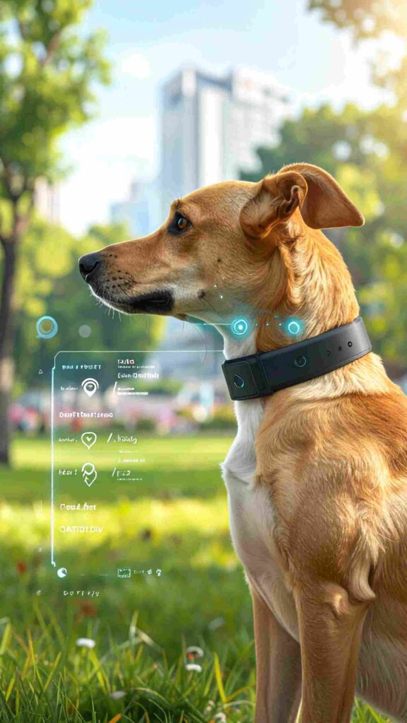 Cachorro com coleira inteligente exibindo monitoramento de saúde e GPS em ambiente urbano