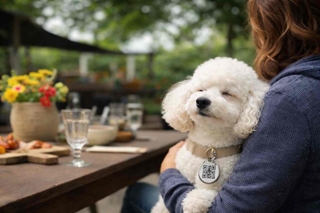 Cachorro com medalha de identificação com QR code sendo segurado pelo tutor em ambiente pet friendly