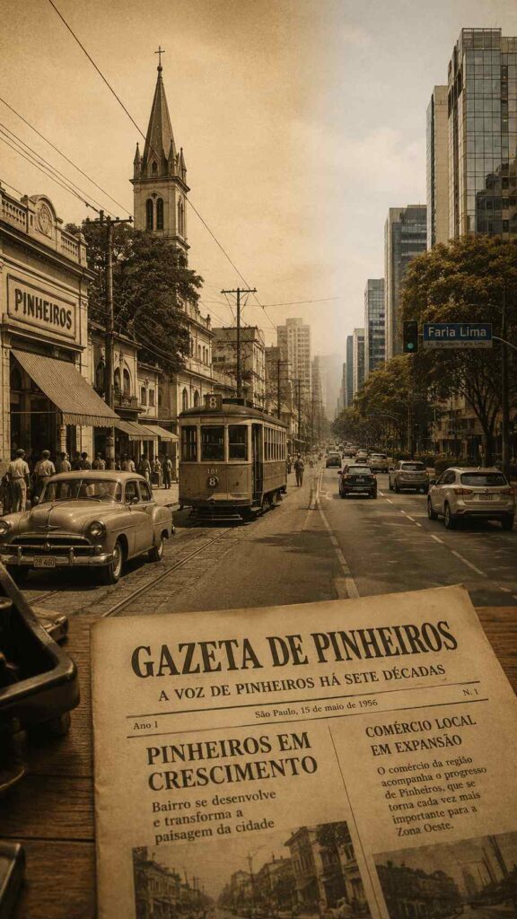 Imagem histórica de Pinheiros mostra a transformação urbana do bairro ao longo de 70 anos, com bonde antigo, jornal Gazeta de Pinheiros e prédios modernos da Faria Lima.