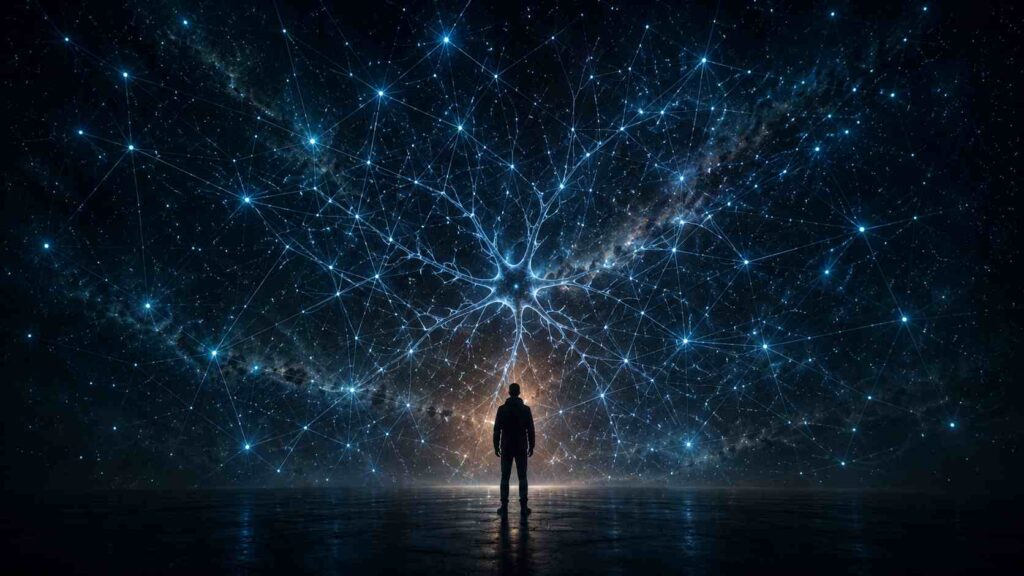 Homem diante de uma representação de rede neural de inteligência artificial em meio ao universo Homem diante de uma representação de rede neural de inteligência artificial em meio ao universo