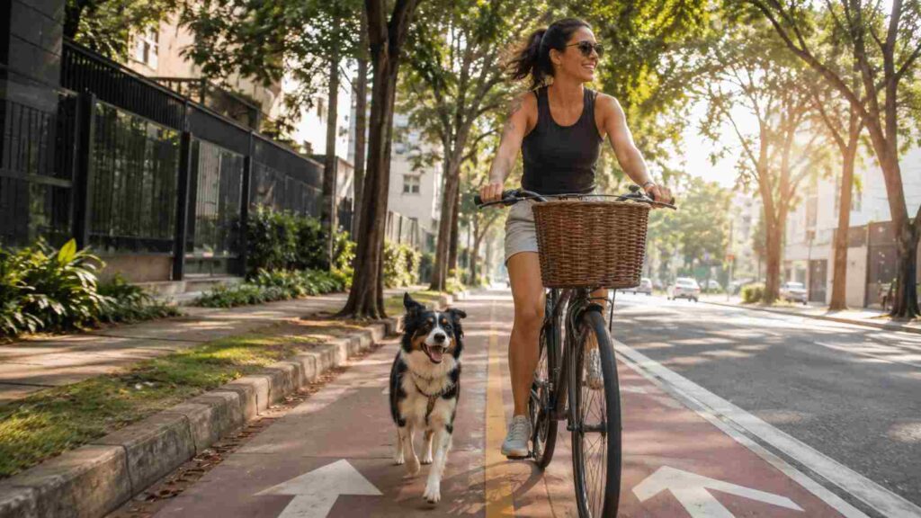 Tutora de bicicleta acompanhada por cachorro durante passeio na cidade Tutora de bicicleta acompanhada por cachorro durante passeio na cidade