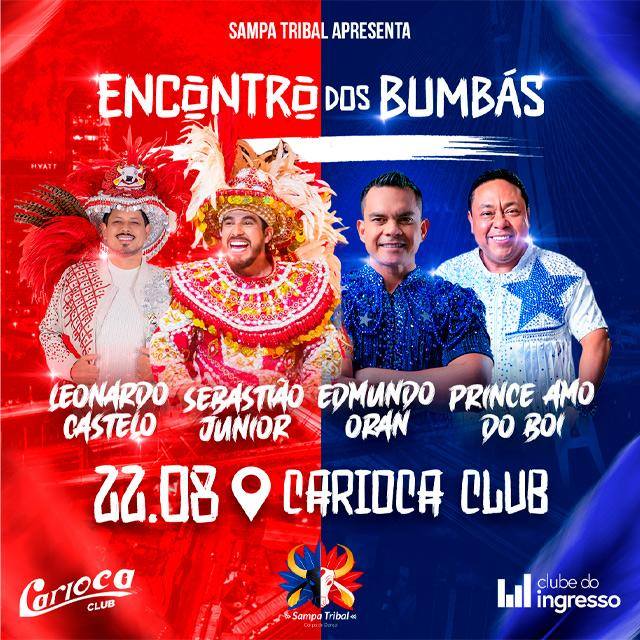 Cartaz do Encontro dos Bumbás com os artistas Prince do Caprichoso, Edmundo Oran, Sebastião Júnior e Leonardo Castelo