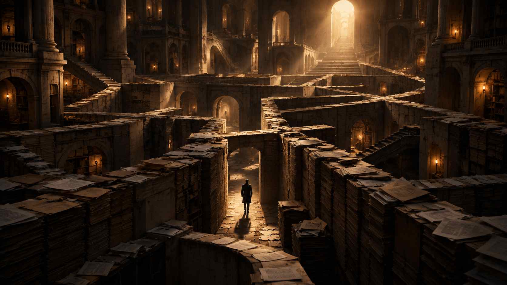 Figura solitária percorre um labirinto surreal de corredores, documentos e arquitetura monumental