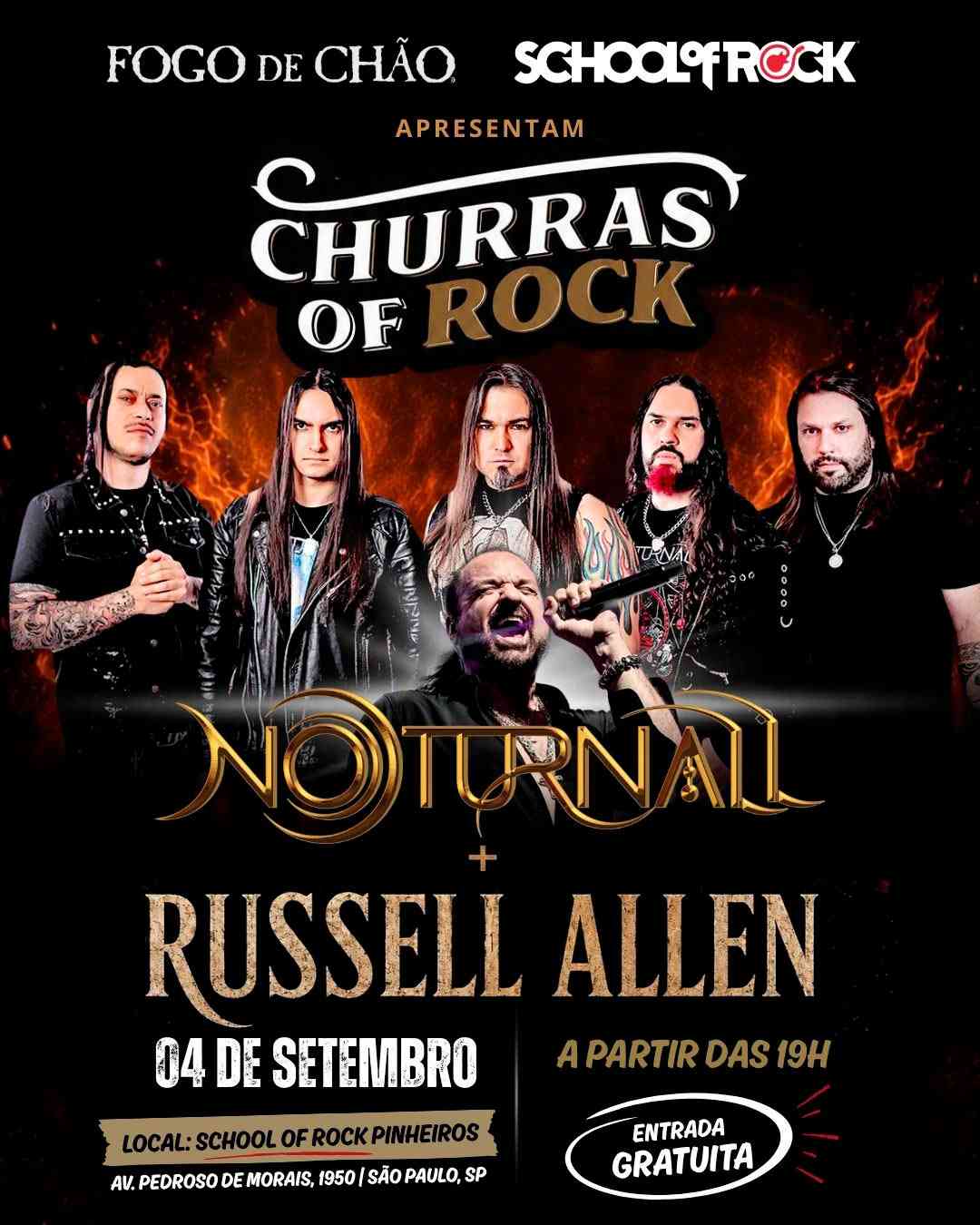 Noturnall, Russell Allen e Fernando Quesada em arte do show na School of Rock Pinheiros