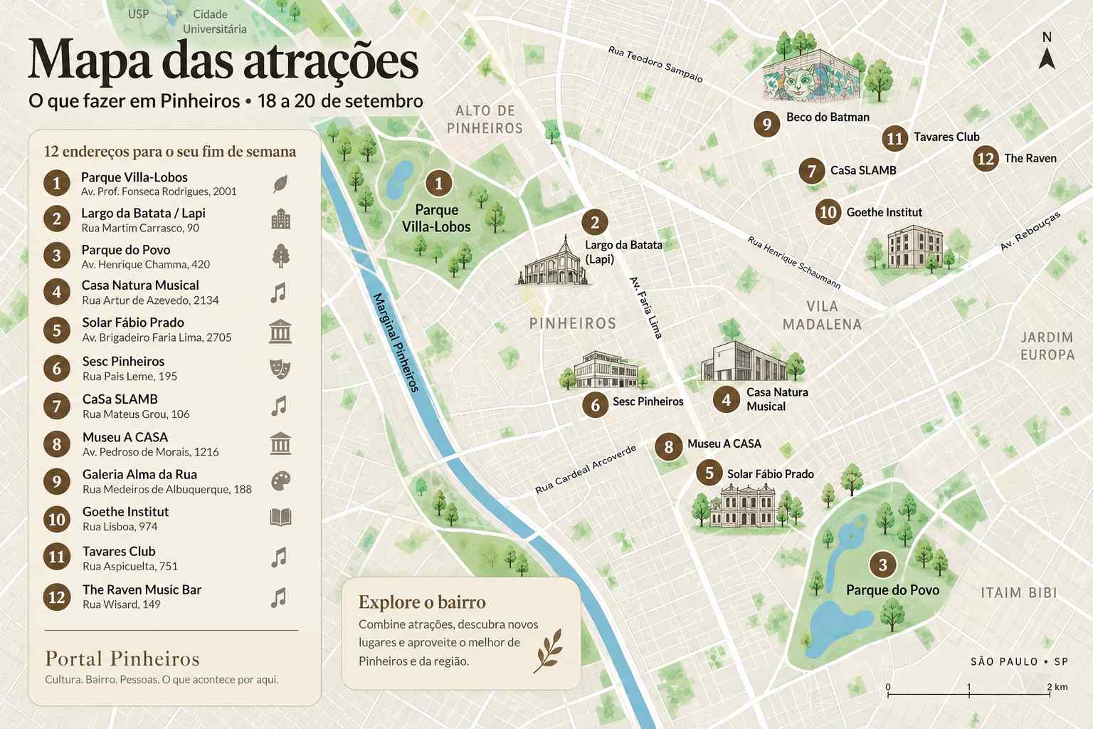 Mapa das 12 atrações para o fim de semana de 18 a 20 de setembro em Pinheiros e região