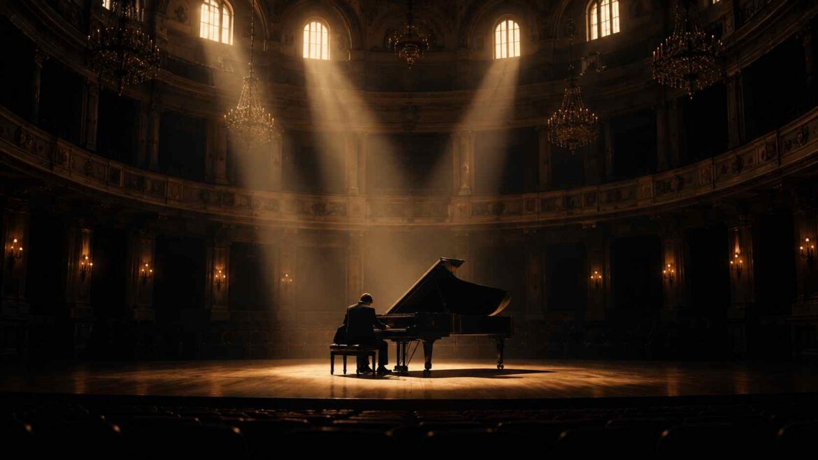 Pianista de costas toca piano em um teatro vazio sob feixes de luz