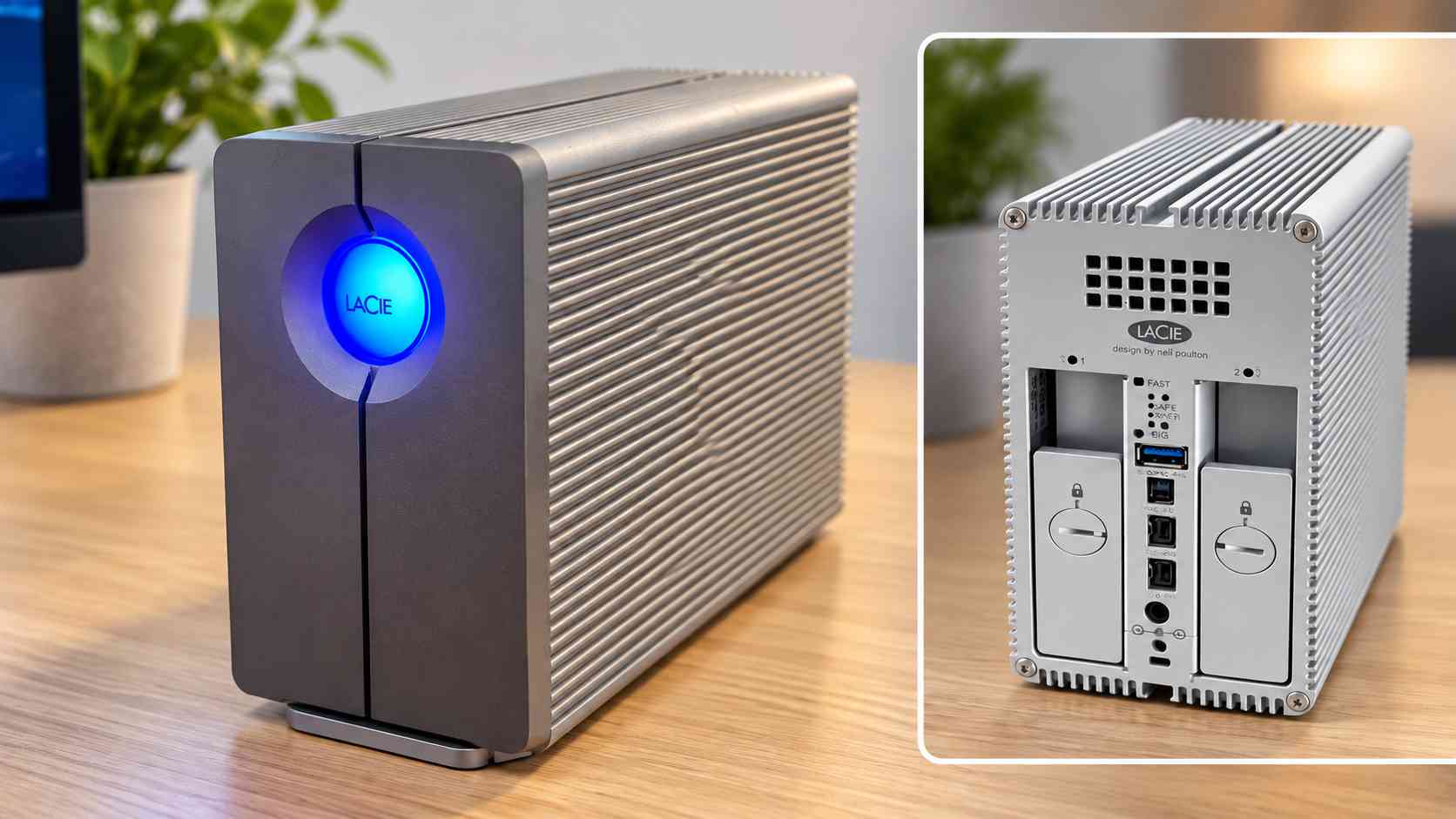 Sistema de armazenamento externo LaCie com duas baias e conexões traseiras para uso com computador