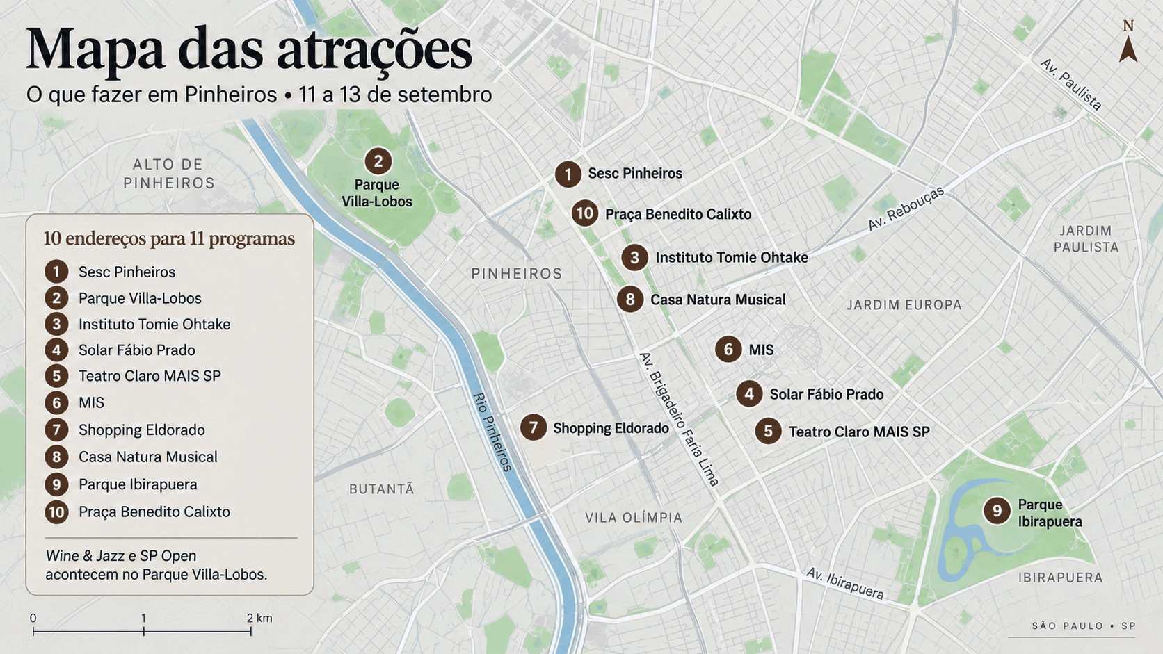 Mapa das atrações para o fim de semana em Pinheiros de 11 a 13 de setembro