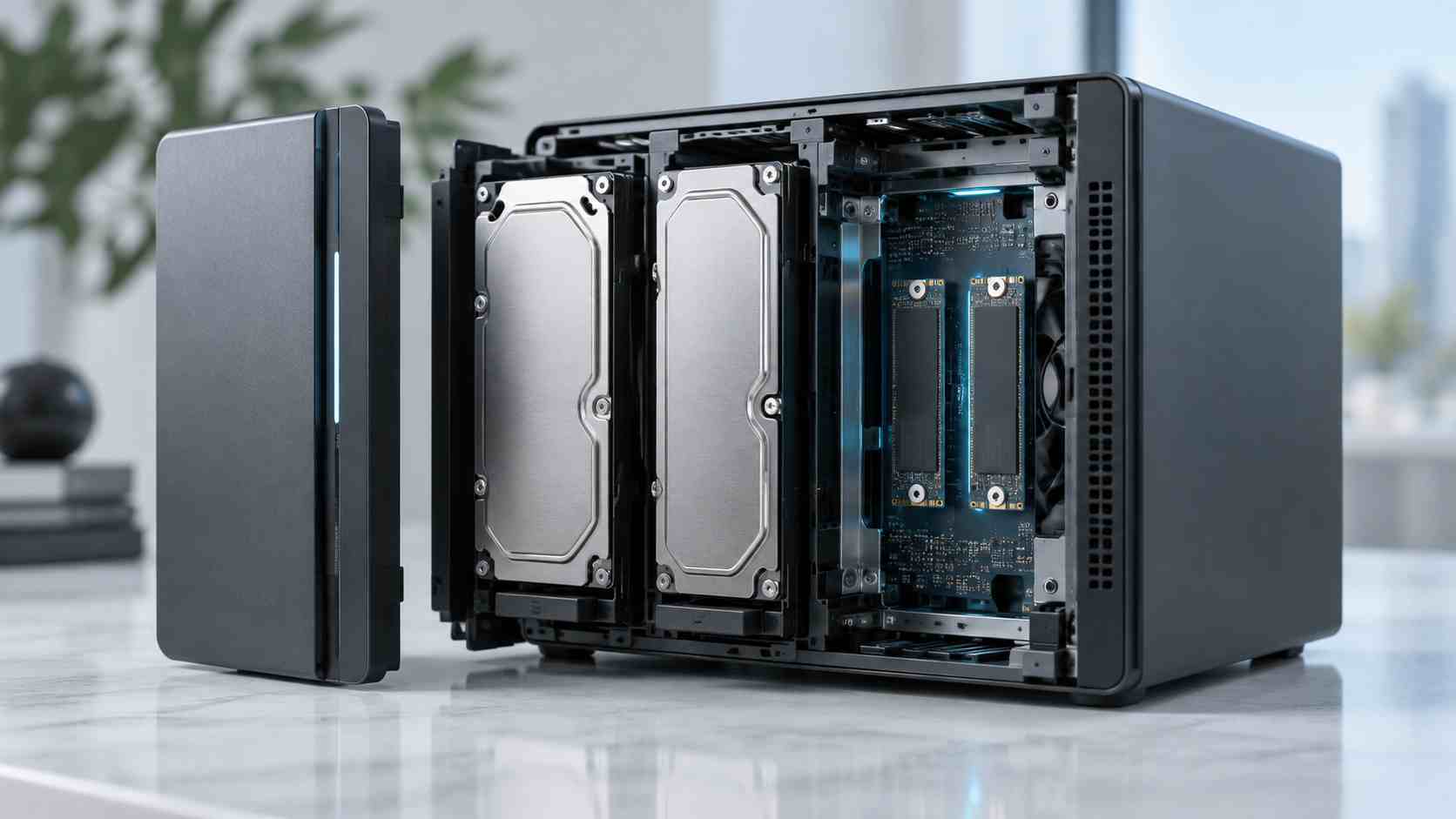 NAS aberto mostrando dois discos rígidos e dois SSDs M.2 usados para ampliar a capacidade de armazenamento