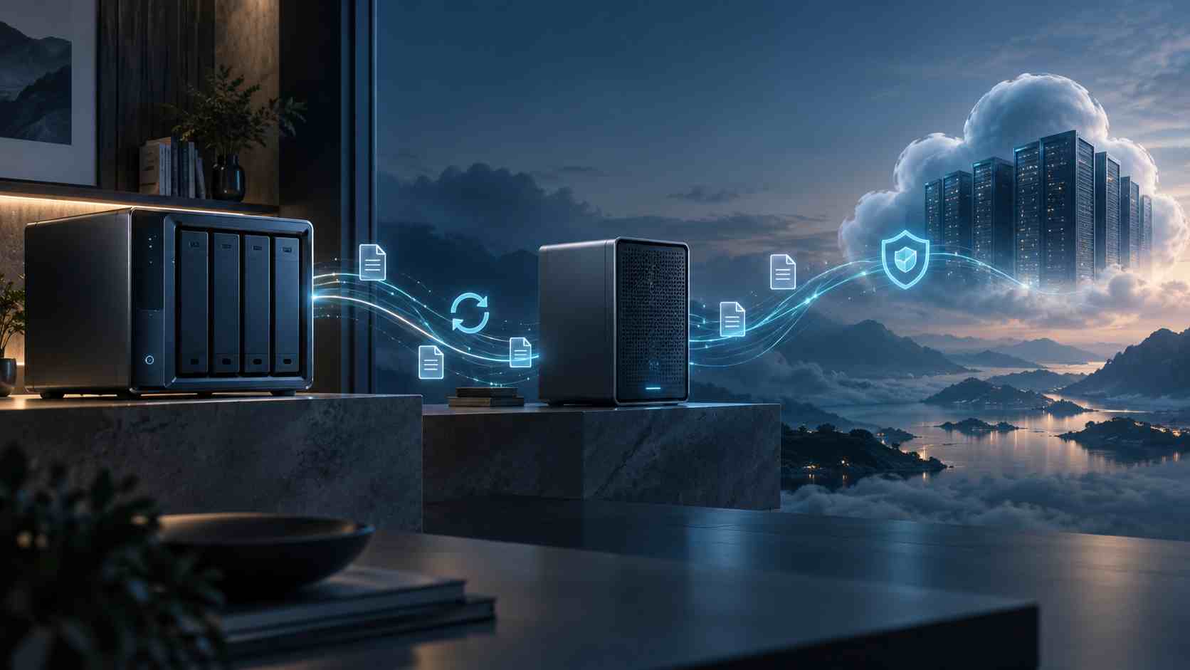 Arquitetura híbrida com NAS local, segunda cópia de backup e armazenamento remoto em nuvem