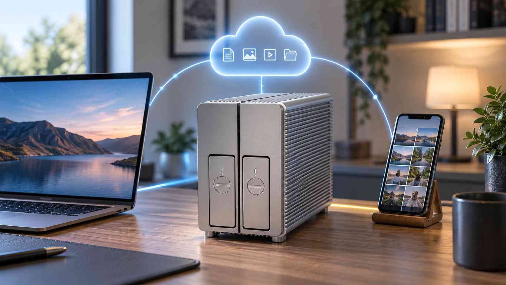 NAS em ambiente doméstico conectado a notebook e smartphone para armazenamento em nuvem privada