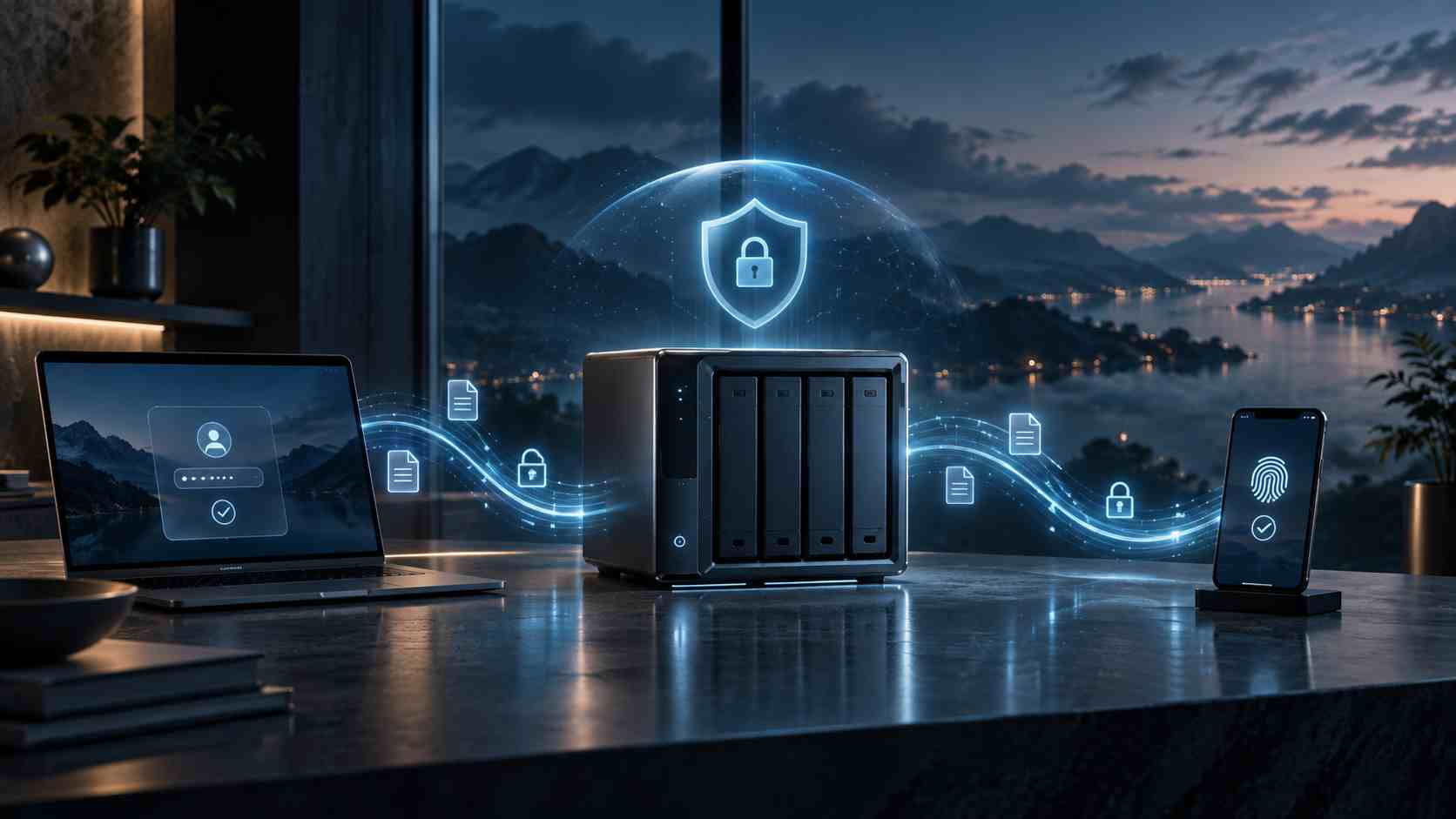NAS protegido com acesso remoto por notebook e smartphone, autenticação e conexão segura