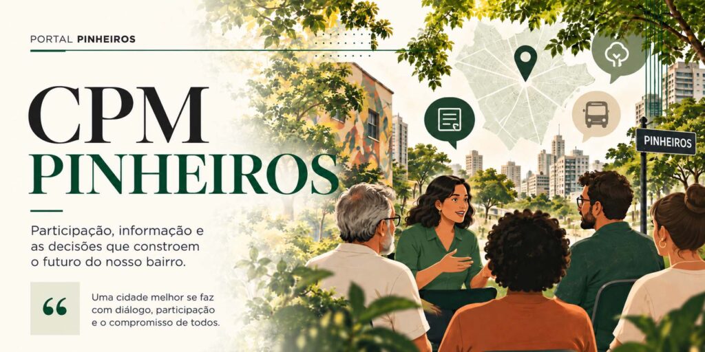 Ilustração de moradores reunidos para discutir questões do bairro, representando a participação cidadã no CPM de Pinheiros