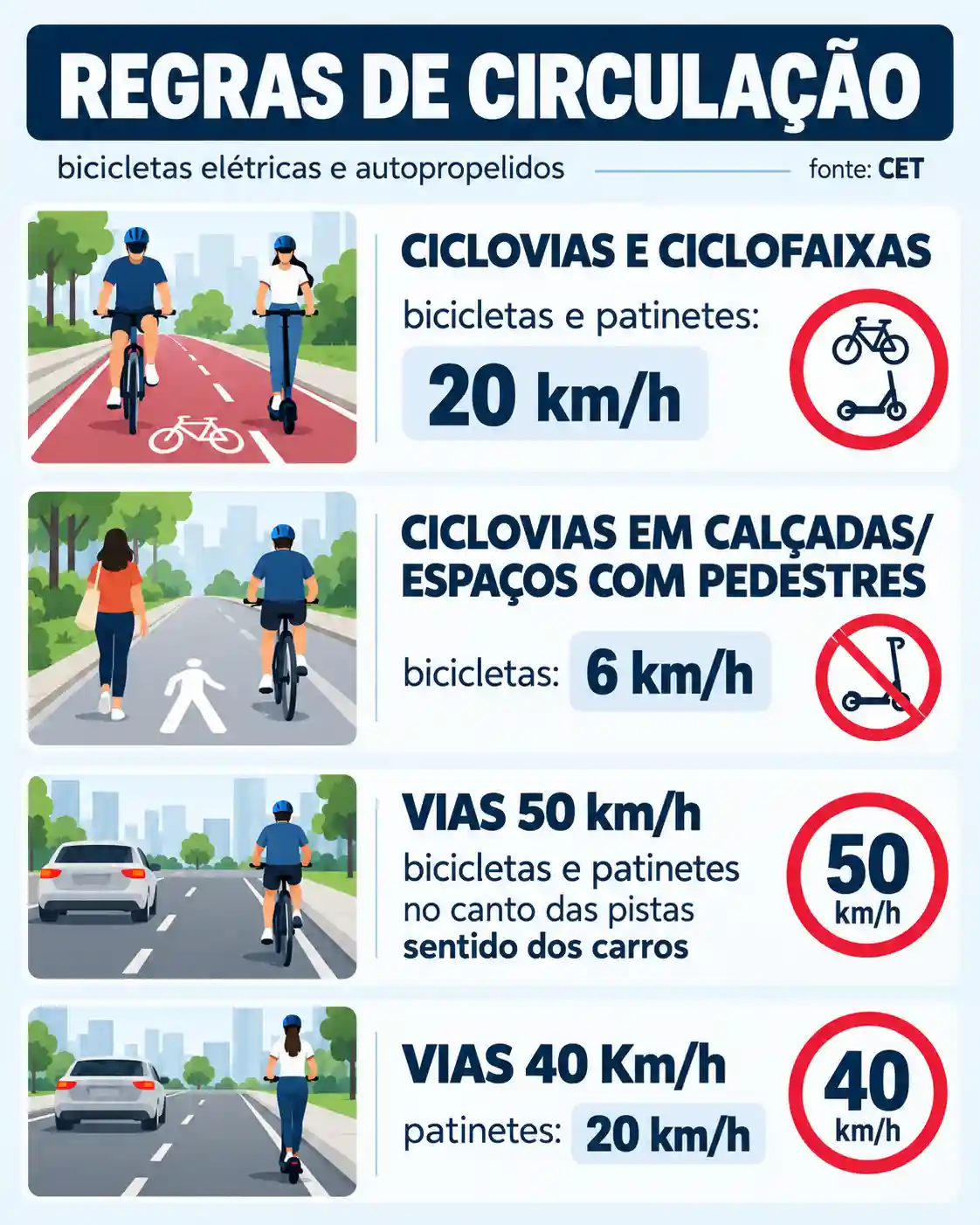 Infográfico com regras de circulação para bicicletas elétricas e patinetes