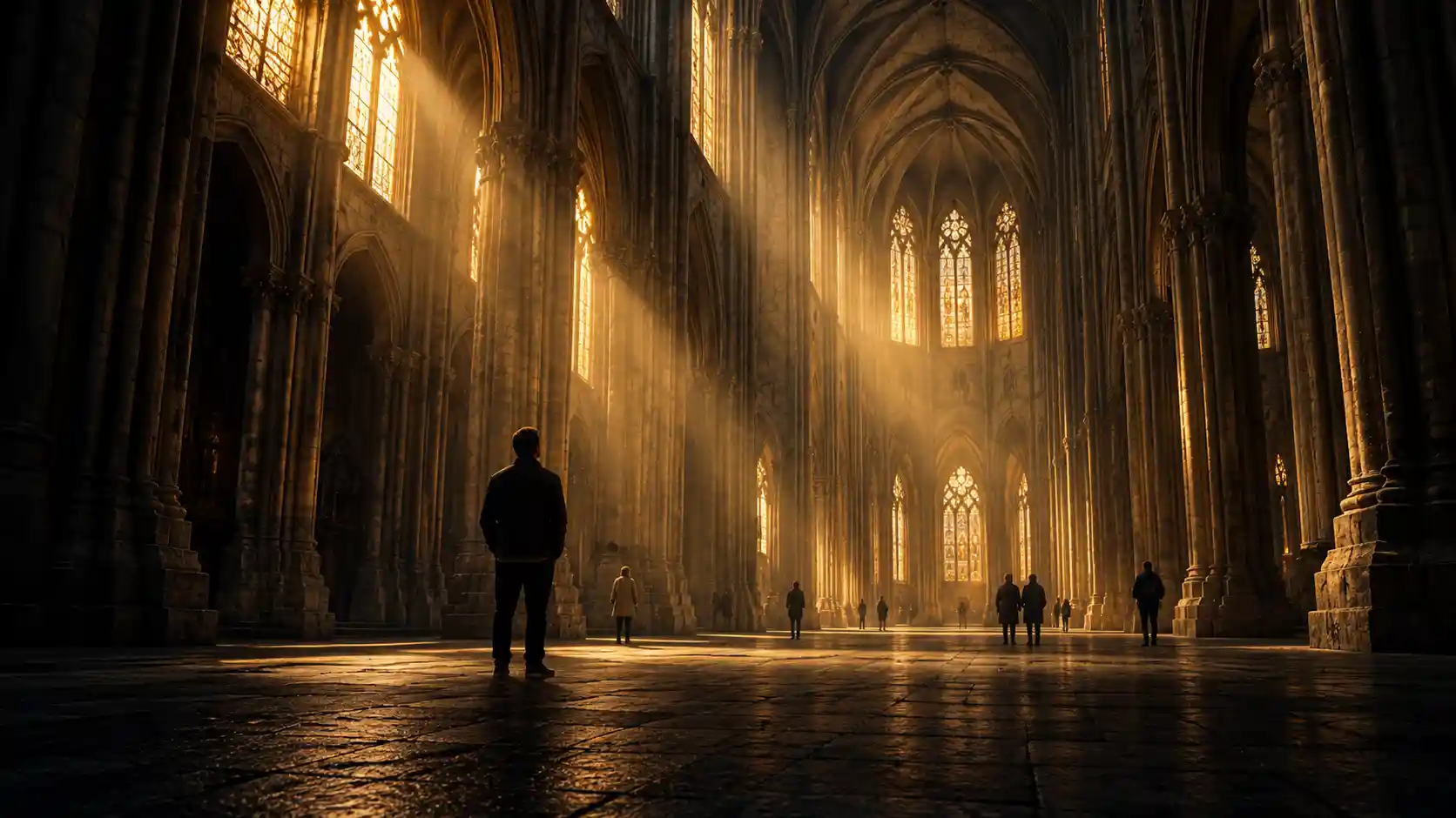 Pessoas sob as abóbadas de uma catedral iluminada por luz dourada, em ilustração sobre conexão humana e pertencimento