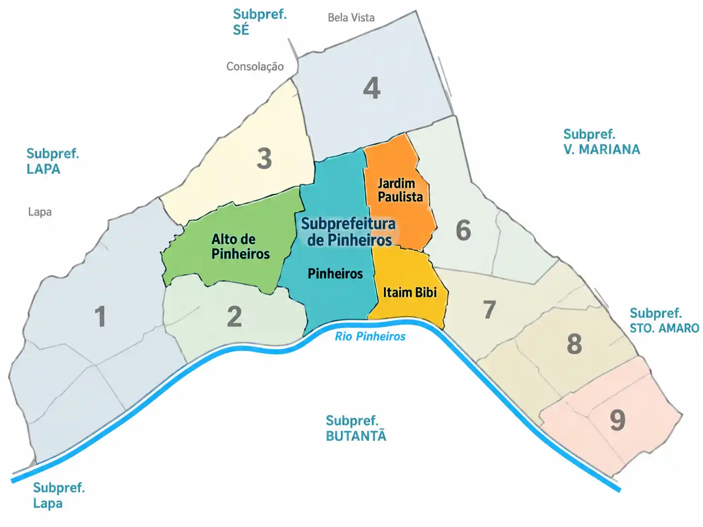 Mapa dos quatro distritos da Subprefeitura de Pinheiros: Pinheiros, Alto de Pinheiros, Itaim Bibi e Jardim Paulista