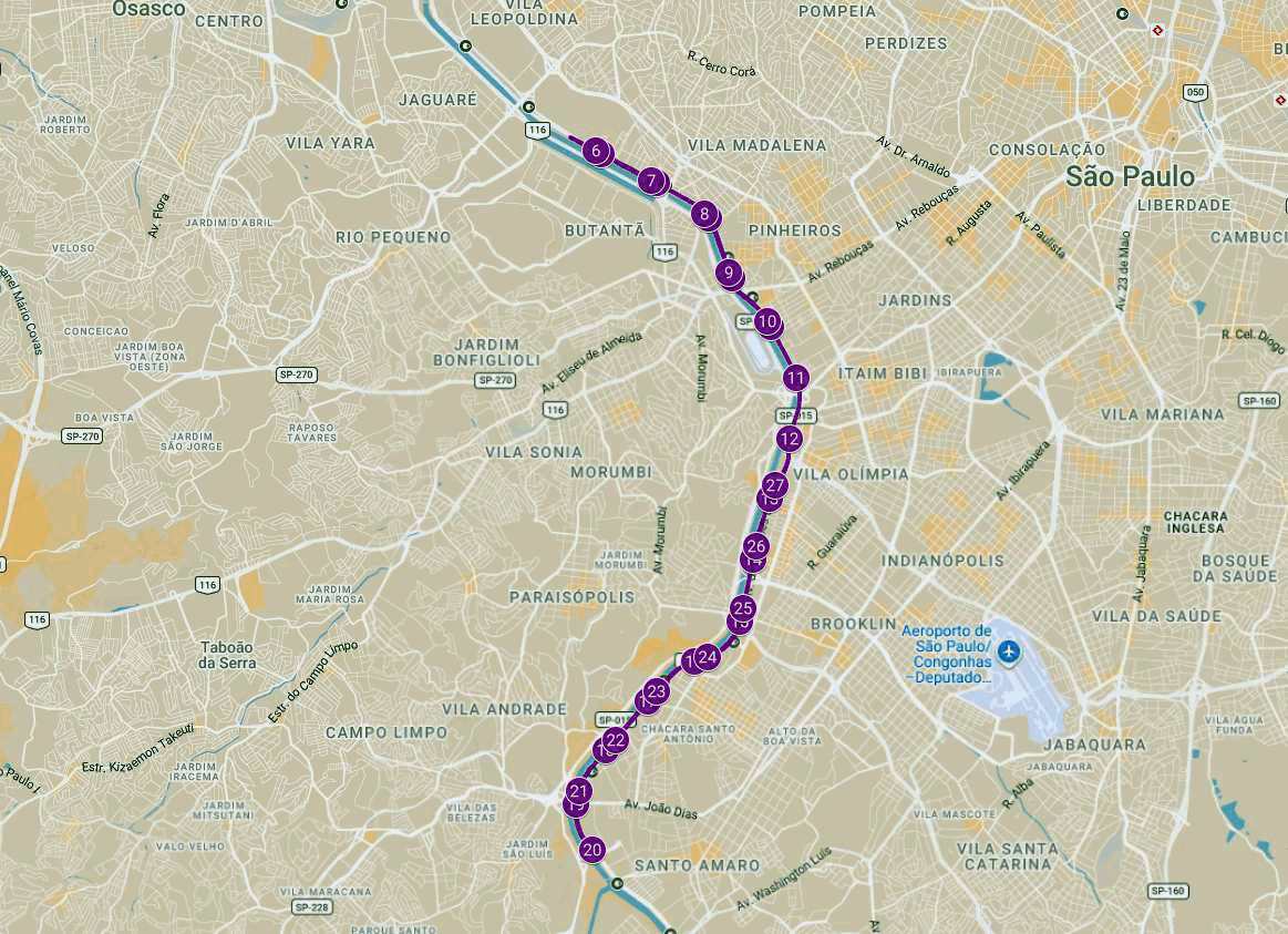 Mapa do circuito da Athenas Run Longer 2026 na Marginal Pinheiros